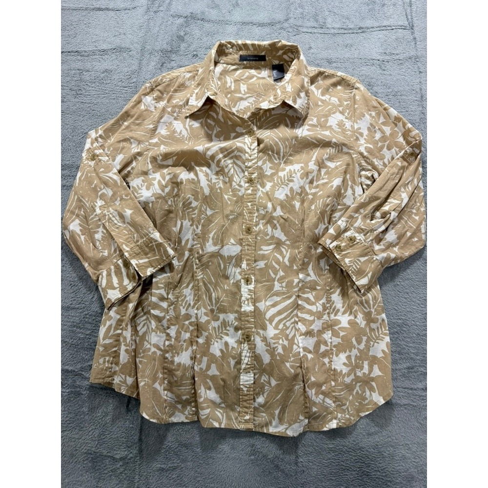 Liz Claiborne Button Up Shirt Women XL Beige Floral Tropical Casual Top - Picture 2 of 11